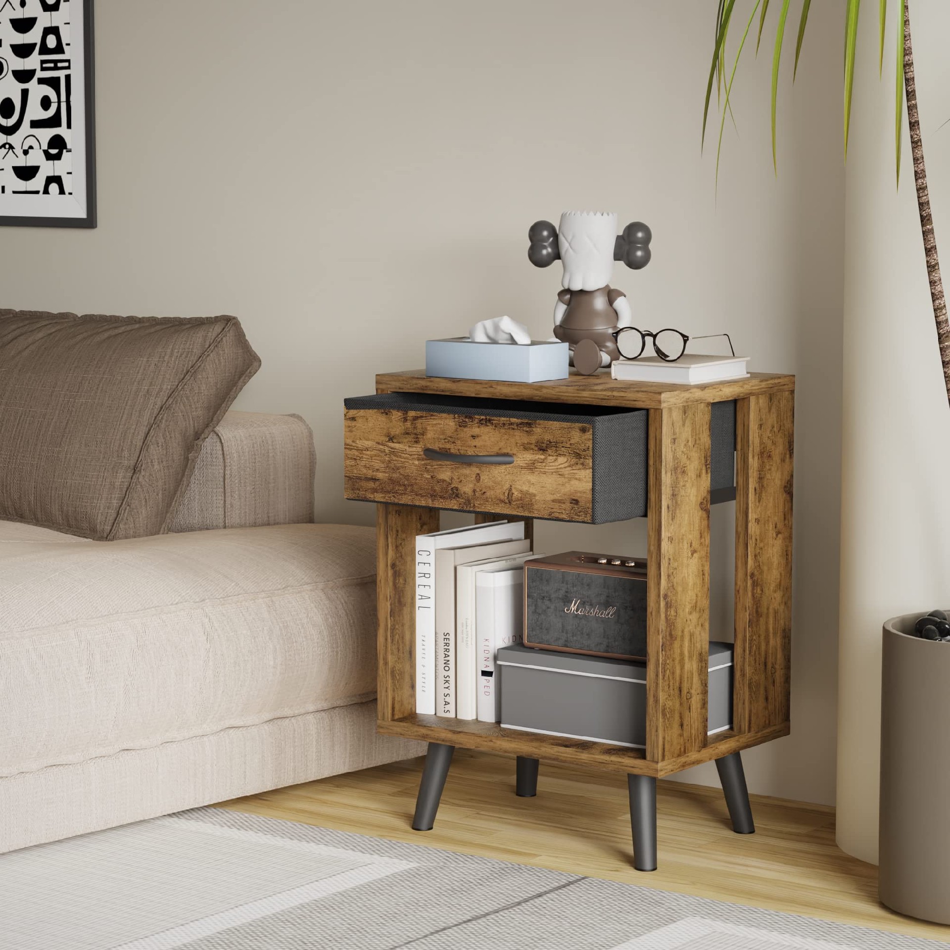 Nightstand with Fabric Storage Drawer and Open Wood Shelf