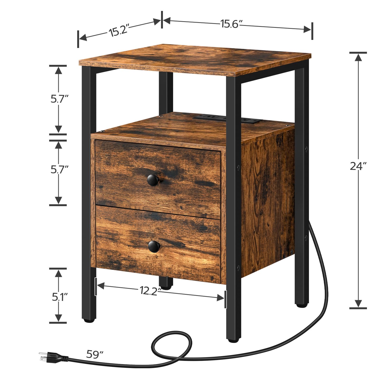 End Table with Charging Station, Bedside Table with 2 Drawer & USB Ports & Power Outlets